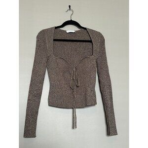 Jonathan Simkhai Long Sleeve Cropped Ribbed Top Sweater V Neck Brown Dune Large